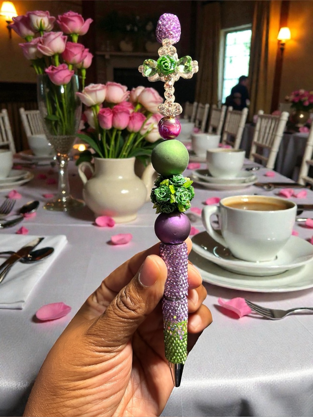 Handcrafted Green Rose & Cross Beaded Rhinestone Pen in Lavender & Green